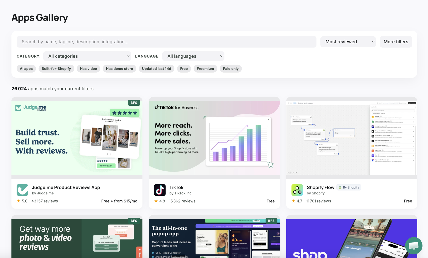 Apps gallery with search and filters across 26,000+ Shopify apps