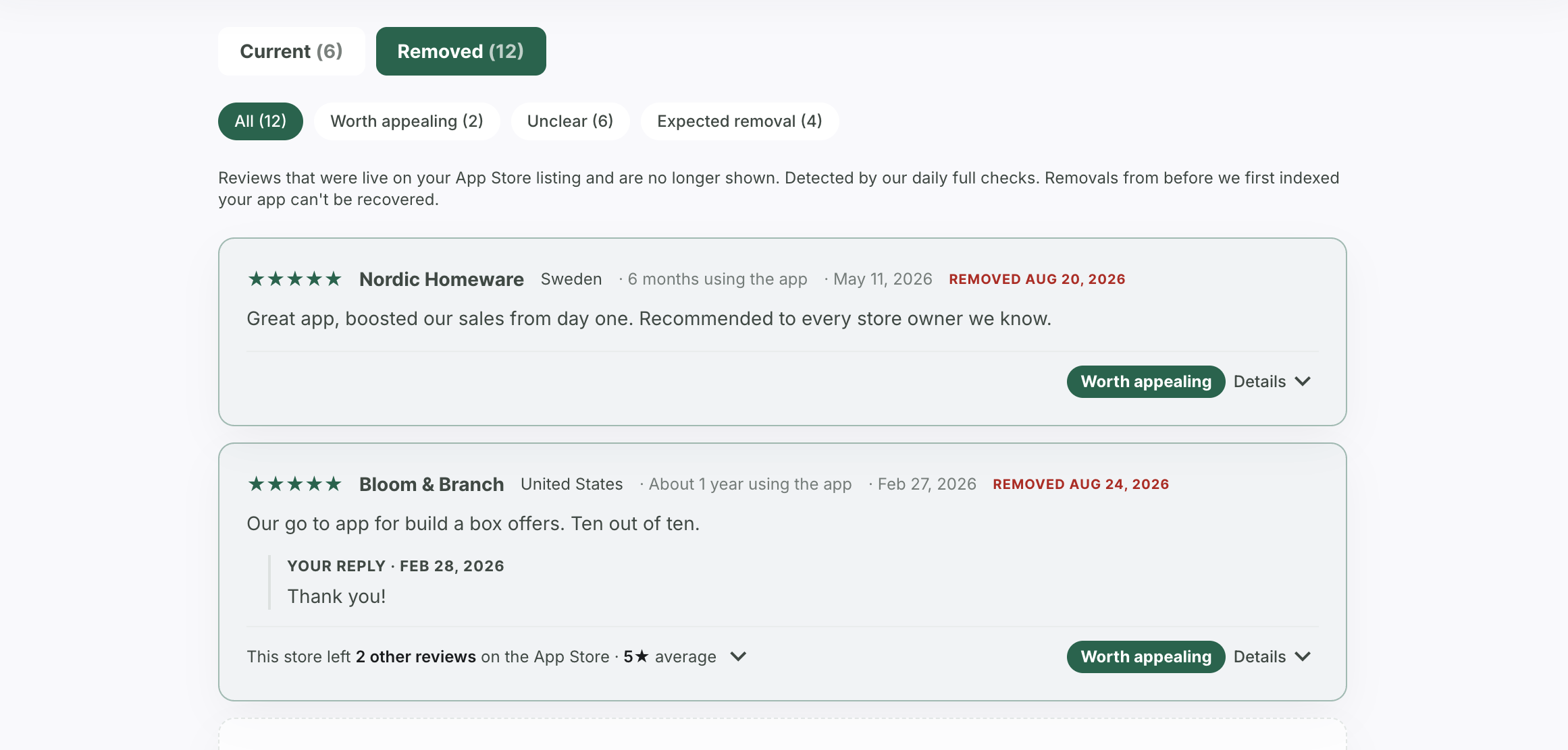 My Reviews page showing removed Shopify reviews with reasons and Worth appealing flags